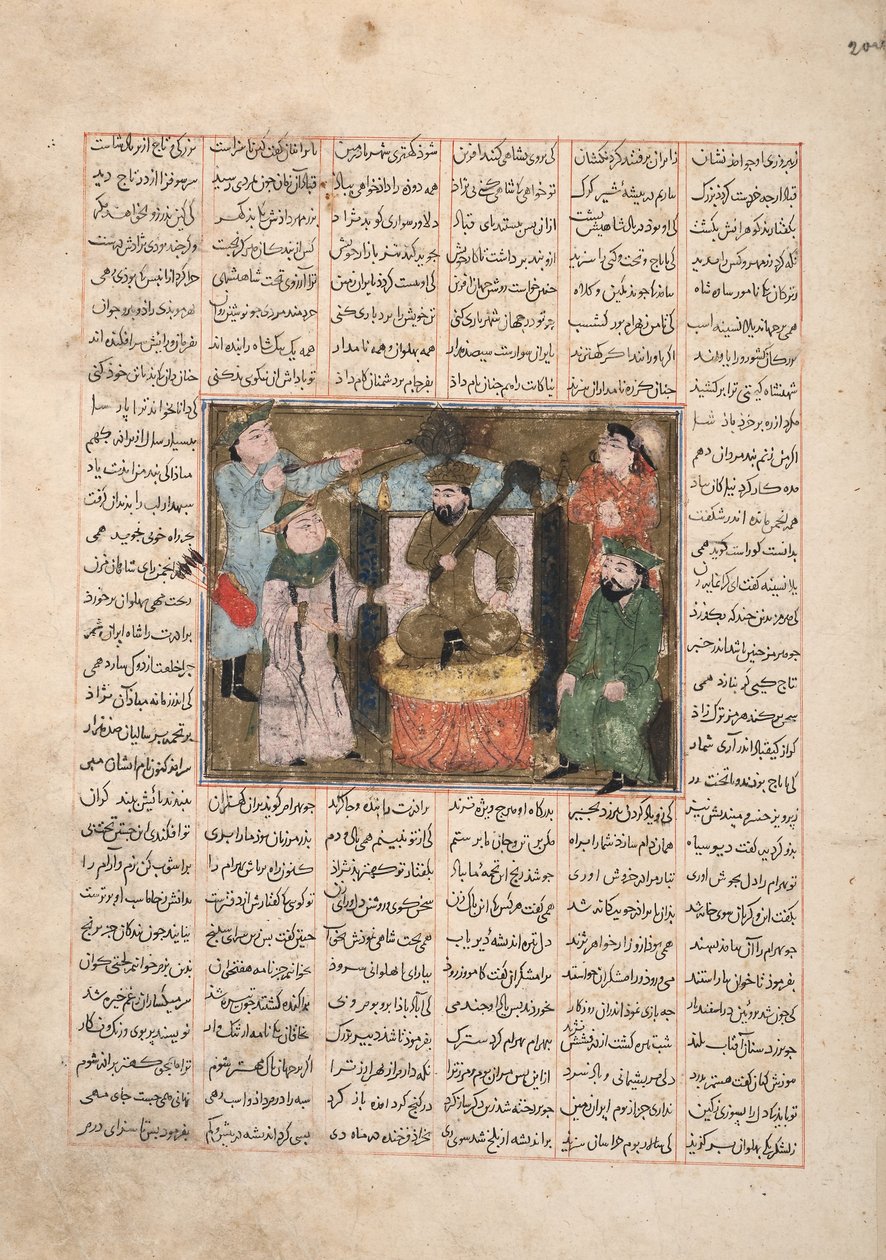 Gordiyeh radí svému bratru Bahram Chubinehovi, aby neaspiroval na perský trůn, kolem roku 1330 (neprůhledné wc, zlato a inkoust na papíře) od Persian School