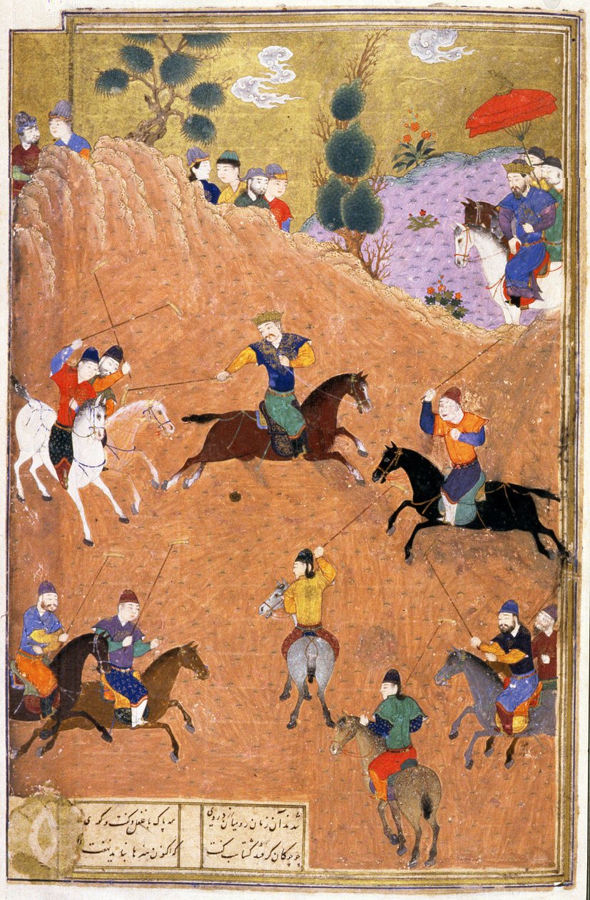 Gushtasp hraje pólo před Caesarem, ilustrace z Shahnamy (Kniha králů), od Abul-Qasima Manura Firdawsiho (c.934-c.1020) c.1440-45 (pero, inkoust a wc na pergamenu) od Persian School