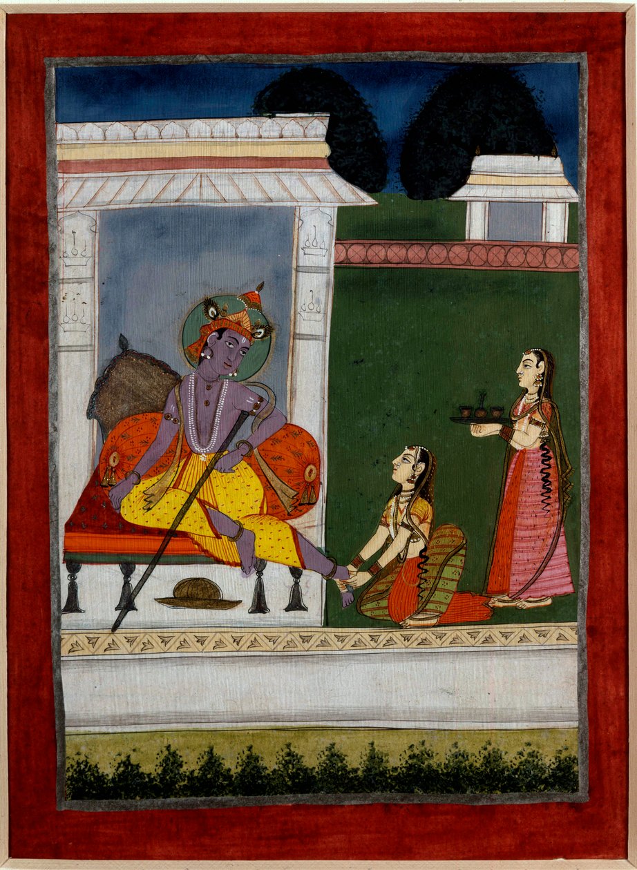 Hinduismus: „“Krišna odpočívá“““ Další si podloží nohy. Perská miniatura indické školy ze 17. století. Rennes, Muzeum výtvarných umění od Persian School