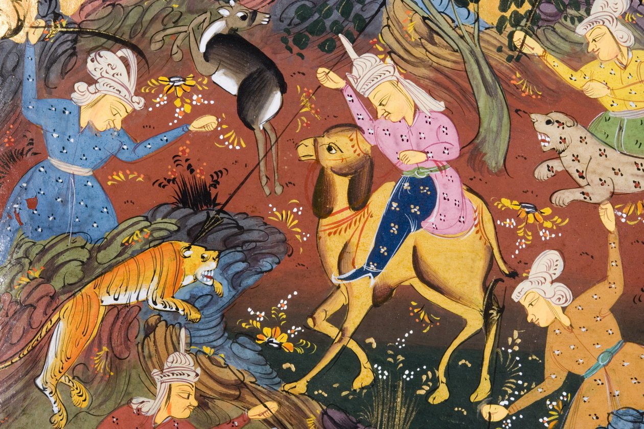 Lovci nasedli a pěšky zabíjeli jeleny a tygry (neprůhledný akvarel na papíře) (detail 272916) od Persian School