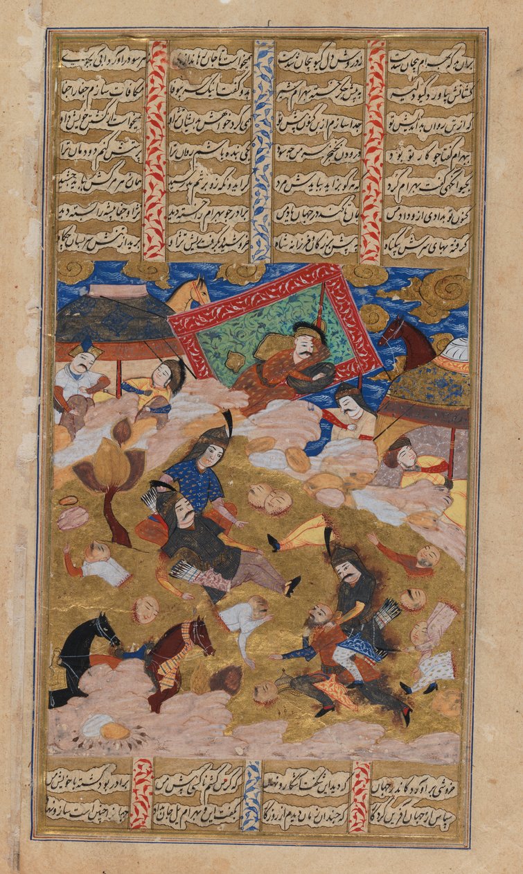 Ilustrovaná stránka z rukopisu Shahnameh (inkoust a kvaš na pergamenovém papíru) od Persian School