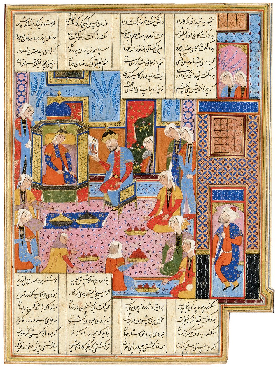 Ilustrace ze Safavid Shahnamy: Alexandra v přestrojení za vyslance uznává královna Nushaba, Shiraz, Írán, 1650-1700 od Persian School