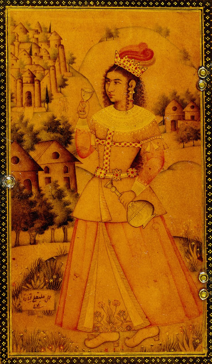 Interiér zrcadlové skříňky malované stylizovanou evropskou dámou držící pohár a láhev vína, 17. století od Persian School