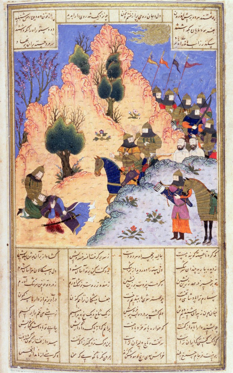 Iskandar Comforting the Dying Dara, od Firdawsis Shanaman, c.1440-45 (pero, inkoust a wc na pergamenu) od Persian School