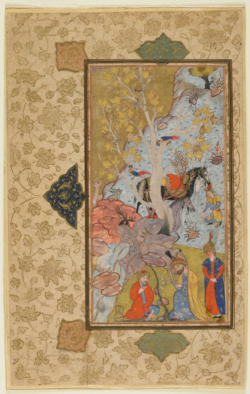 Iskandar navštěvuje poustevníka, Shiraz, Írán, kolem 1580-1600 (neprůhledný akvarel, inkoust a zlato na papíře) od Persian School