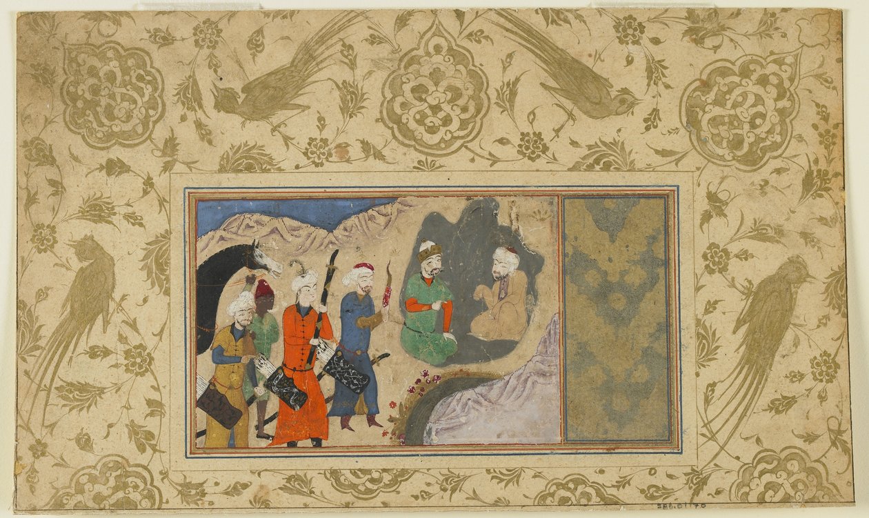 Iskandar navštíví poustevníka, cca 1500 (neprůhledný akvarel, inkoust a zlato na papíře) od Persian School