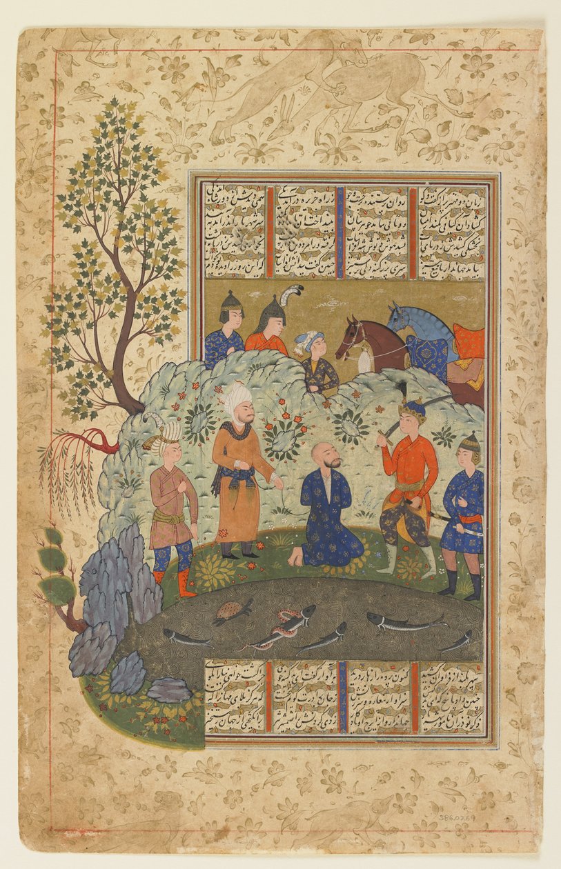 Kay Khusraw se připravuje na setnutí hlavy Afrasiyaba kolem roku 1590-1600 od Persian School