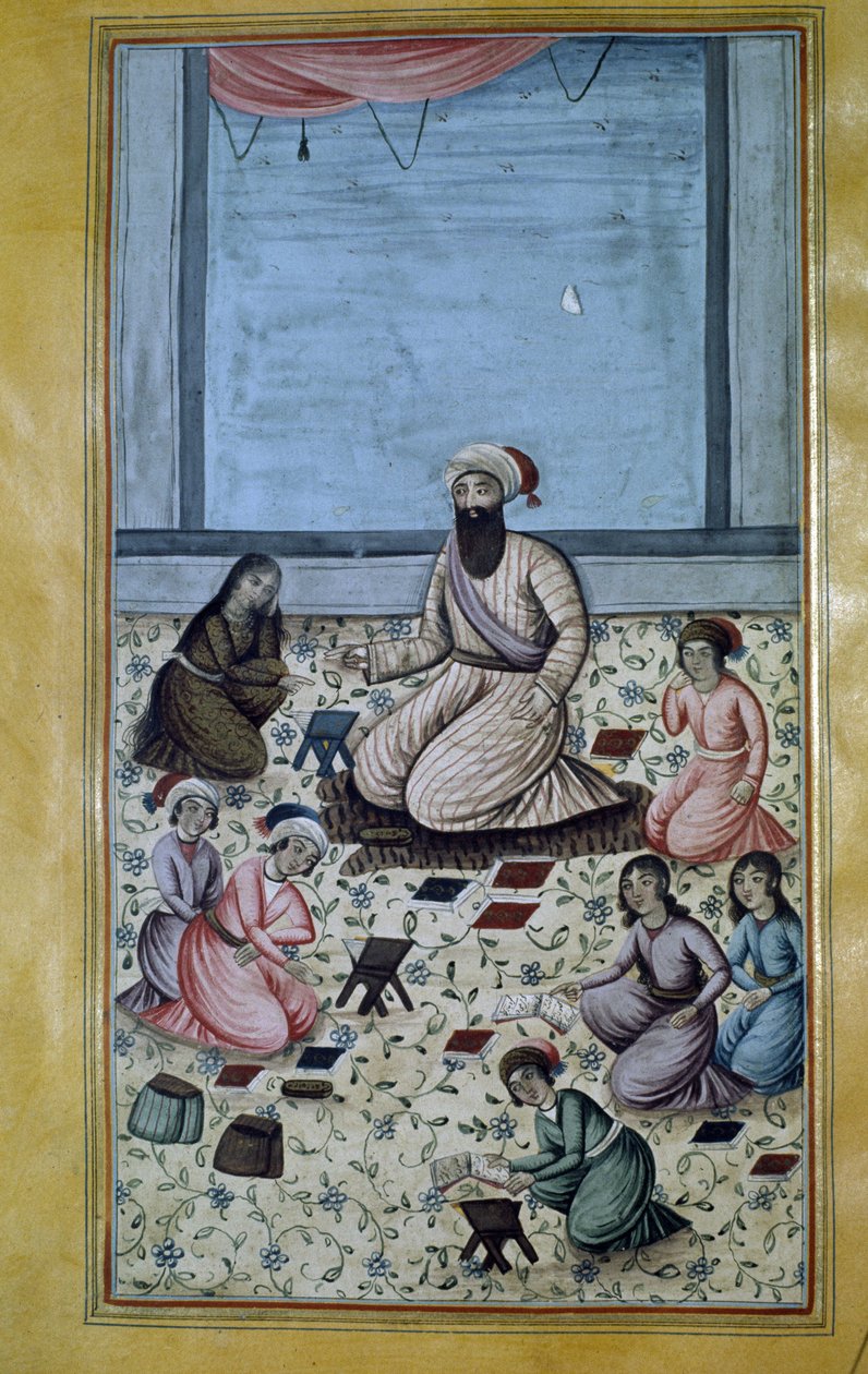 Koránská základní škola (základní škola) v Persii 19. století. Perská miniatura od Persian School