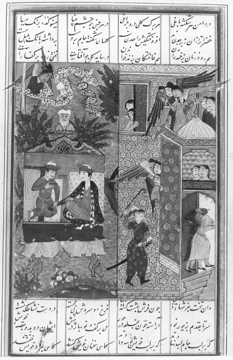 Laila a Majnun se spojili v ráji, jak je vidět ve vizi Zaida z Khamsy (kvintetu) z Nizami od Persian School