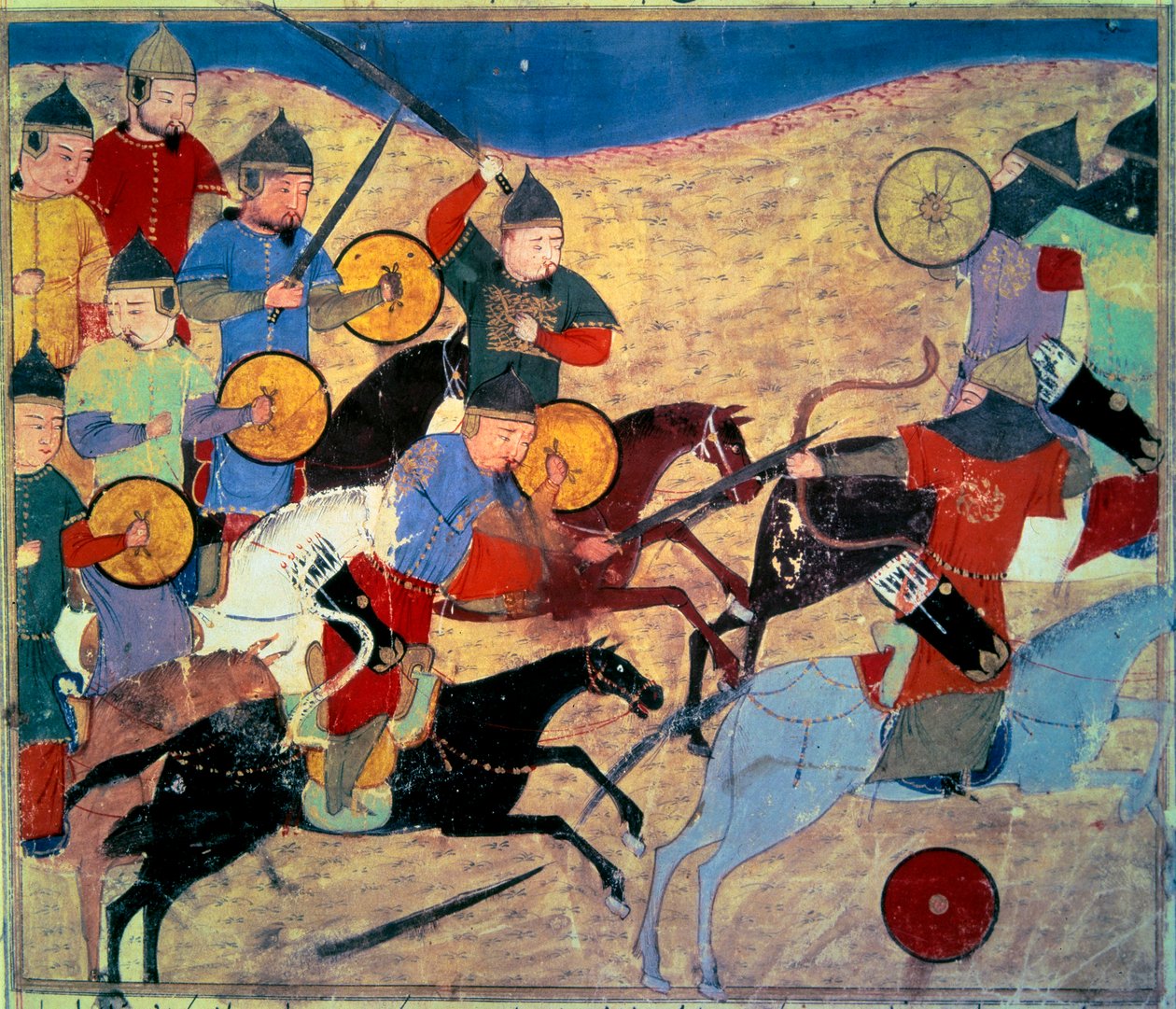 Únik Noqaie (Kara Nogai Khan (Noghai, Noqai, Nokhai, Nogay, pravnuk Čingischána, zemřel 1299). Mongolští jezdci. Perský rukopis malovaný „Součet příběhů (Djame al-tavarikh) (Djame al-tavarikh)“ ” (Folio 155v), napsal Rachid al-Din Fazl od Persian School