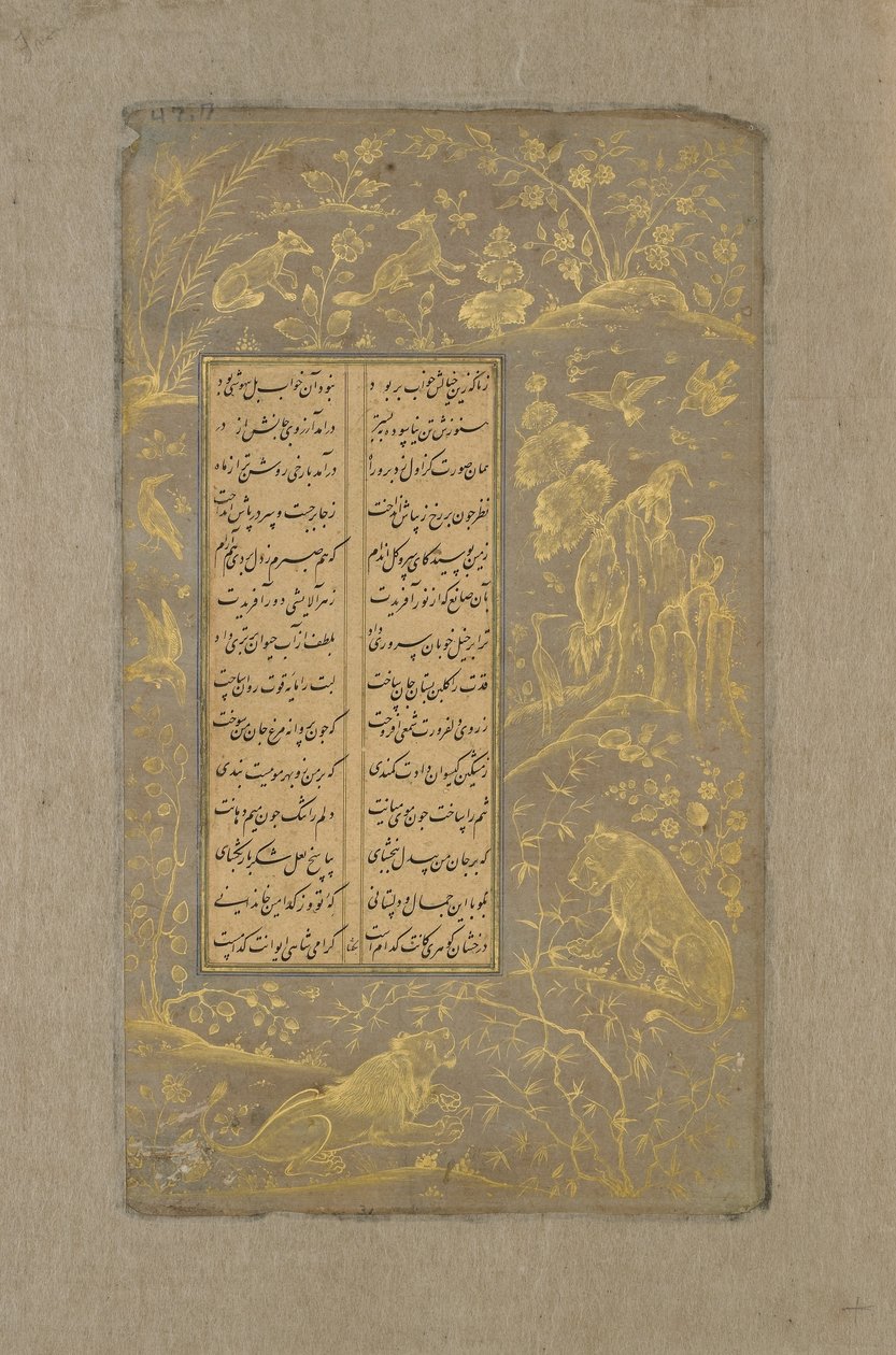 Lvi, lišky a ptáci v krajině, folio z Yusuf u-Zulaikha od Jami († 1492) Qazvin, Írán, 1557 (inkoust a zlato na papíře) od Persian School