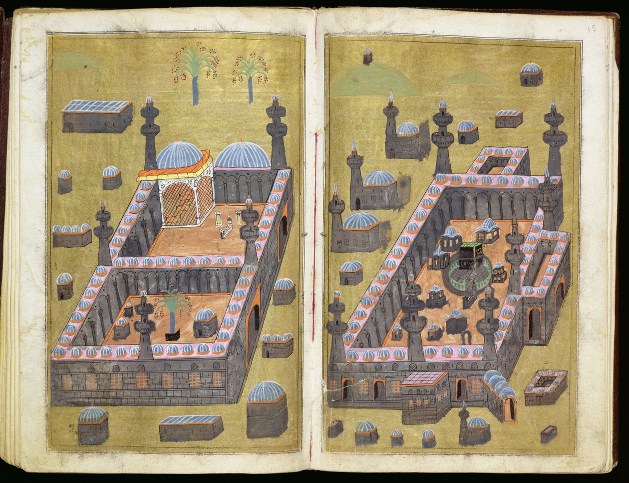 MS.343.f15v-16r Mešity v Medině a Mekce, z `Reasons for Charity, Mustafa Al-Shukri, 1160 od Persian School