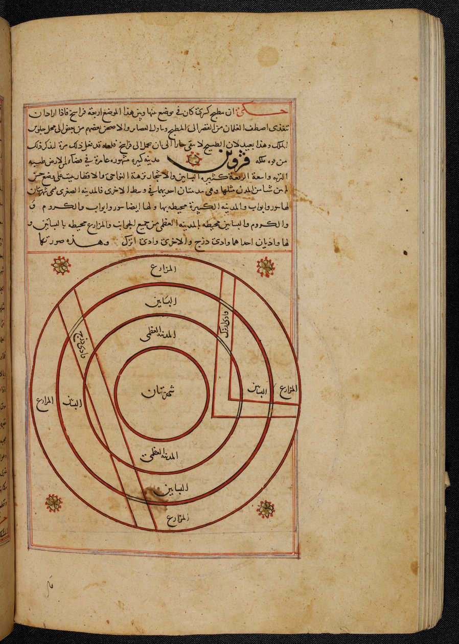 MS Or. 3623, fol. 119b Plán města města Qazvin, ilustrace ze „Zázraků stvoření“, od Zakarīyā ibn Muḥammad al-Qazwīnī (inkoust na papíře) od Persian School