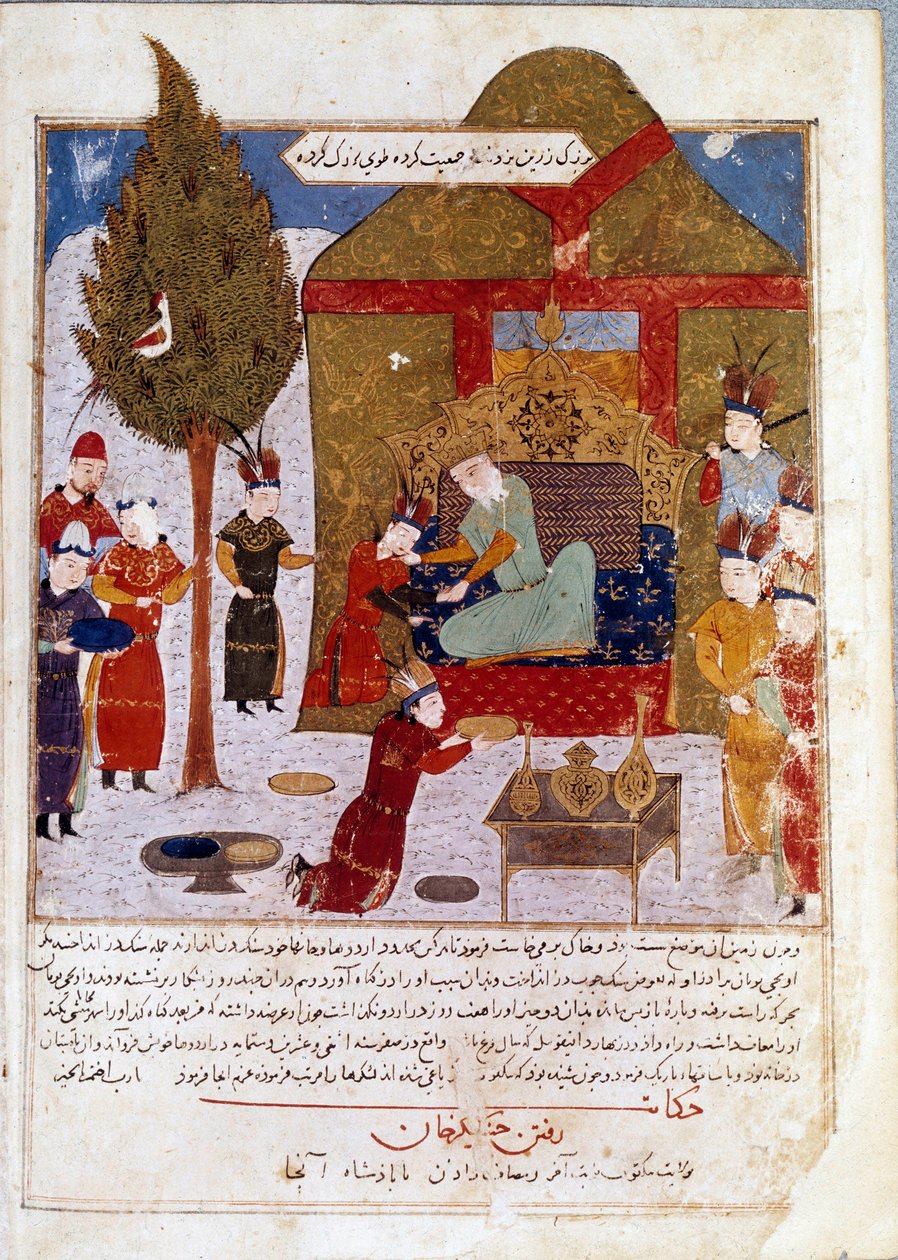 Mongolský císař Čingischán (1167-1227) na svém trůnu v táboře poblíž Ilmil se svými vnuky Quibalai a Hule Gu perská miniatura převzatá z Jami al-Tawarikh (Jami al tawarikh) (Historie Mongolské říše) od Rashida al-Dina ( al Din) (B.1247-1318) od Persian School