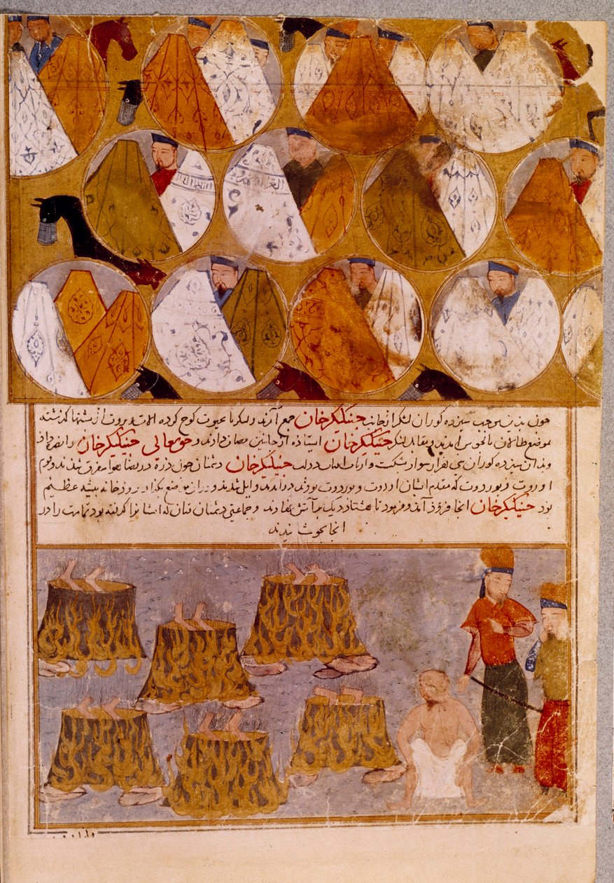 Mongolské stany a vězni Čingischána (1162-1227): Čingischán nechává stoupence Djamuqua, Mongola z kmene Jadjirat, házet do kotlů. Perská miniatura převzatá z „“ Jami al-tawarikh““ (Jami al tawarikh) nebo „“ Univerzální historie““ od Persian School
