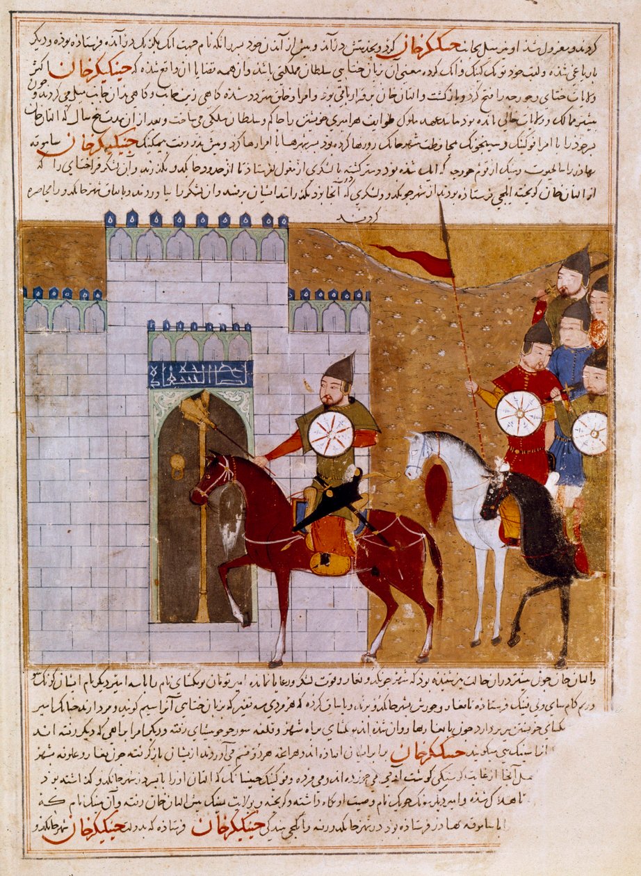 Mongolové obléhající miniaturní perskou pevnost získanou z „“Džamí al-tawarikh“ (Jami al tawarikh) nebo „“Univerzální historie““ od historika Rašída al-dina (al din) (1247-1318) Kolem roku 1430 Paříž, B.N. od Persian School
