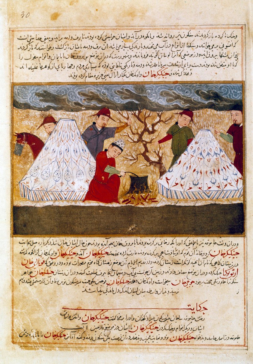 Mongolové vařící perskou miniaturu převzatou z „Jami al-tawarikh“ (Jami al tawarikh) nebo „„Univerzální historie““ od historika Rashida al-dina (al din) (1247-1318) Kolem 1430. Paříž, B.N. od Persian School