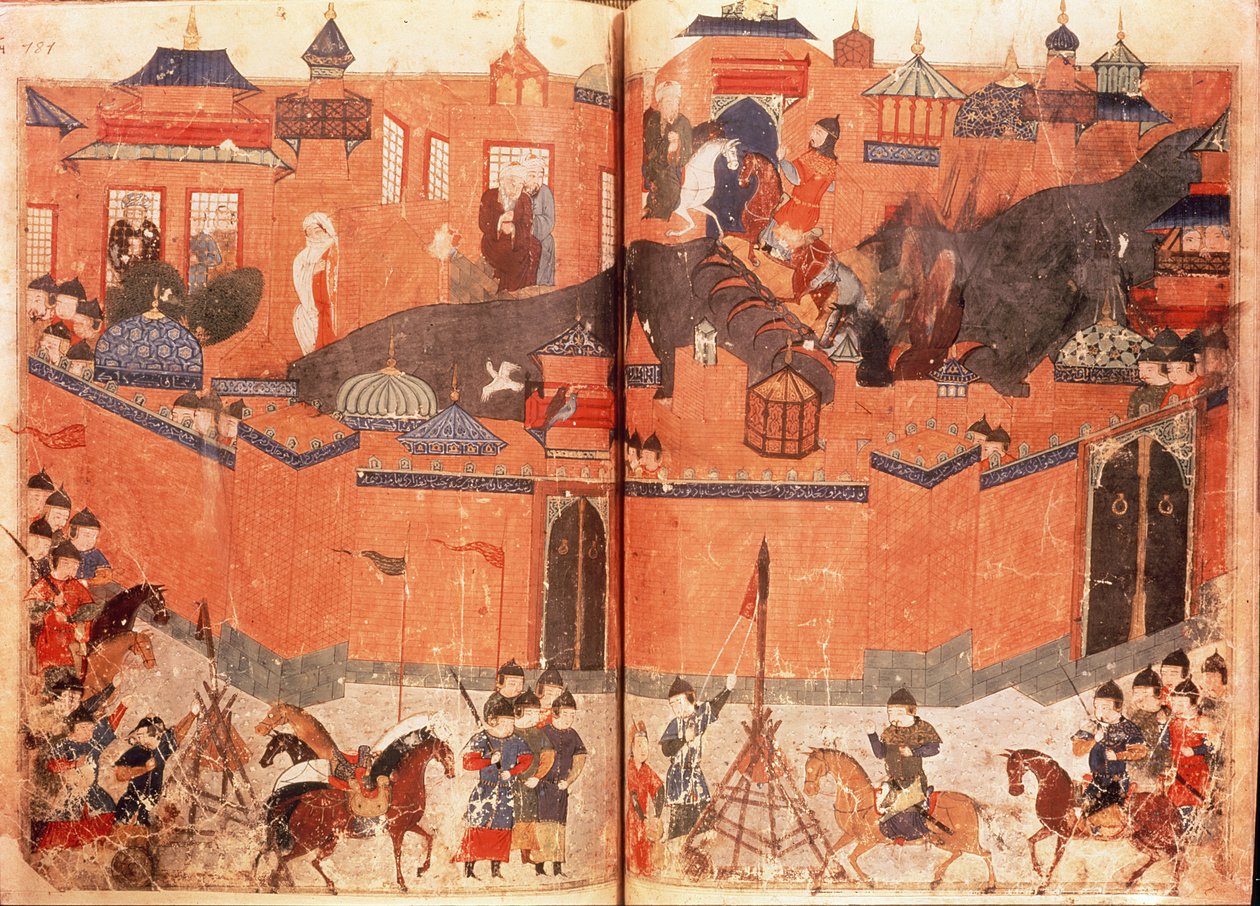 Ms.Sup.Pers.1113.f.180v-181 Mongolové pod vedením Hulagu Khan zaútočili a dobyli Bagdád v roce 1258, z knihy Rashida al-Dina (1247-1318) (vellum) od Persian School