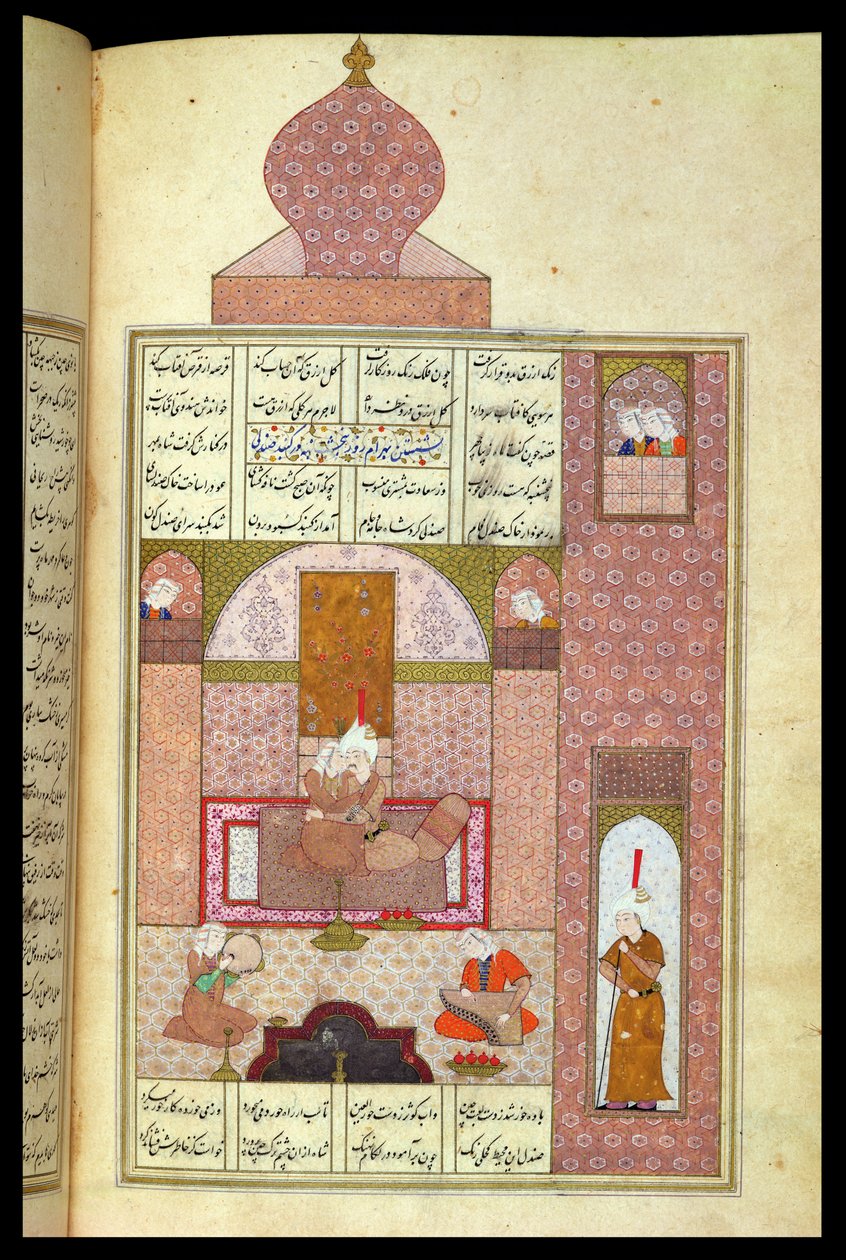 Paní D-212 fol.221b Bahram (420-28) Visits the Princess of Rum, ilustrace k 