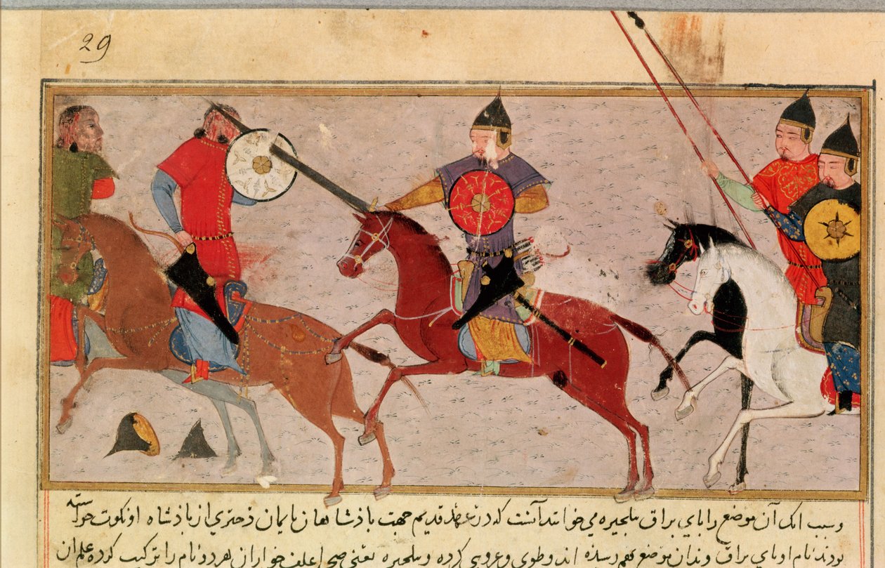 Paní Pers.113 f.29 Čingischán (asi 1162-1227) Boj proti Tatarům, z knihy Rashida-al-Dina (1247-1318) (kvaš) od Persian School