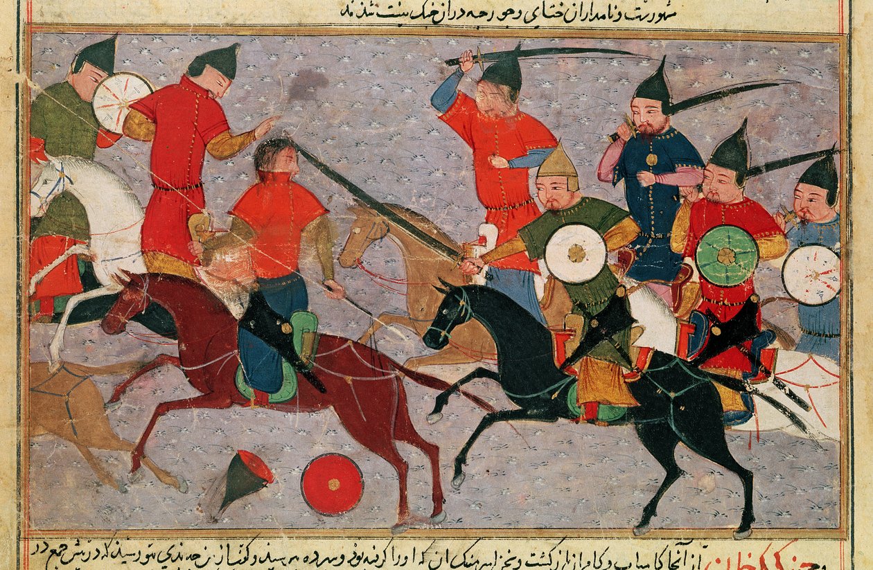 Ms Pers.113 f.49 Čingischán (asi 1162-1227) v bitvě, z knihy Rašíd-al-Dín (1247-1318) (kvaš) od Persian School