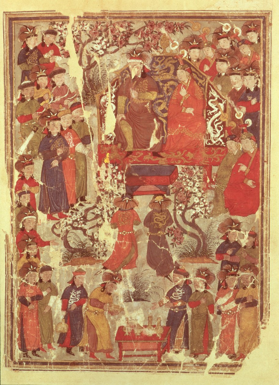 paní Supp. os. 1113 f.126v Čingischán a jeho manželka Bortei dosazeni na trůn před dvořany, list z knihy Jami al Tawarikh (Univerzální historie) od Rašída ad-Dina (1247-1318) od Persian School
