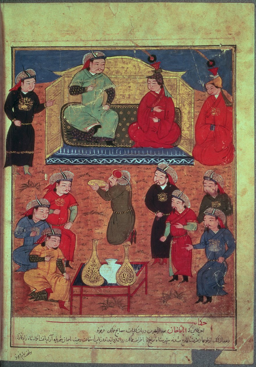 paní podpora. Domácí mazlíčci. 1113 fol.203v Arhaan Khan se dvěma svými manželkami a synem Ghazanem, z knihy Rashida ad-Dina (1247-1318) od Persian School