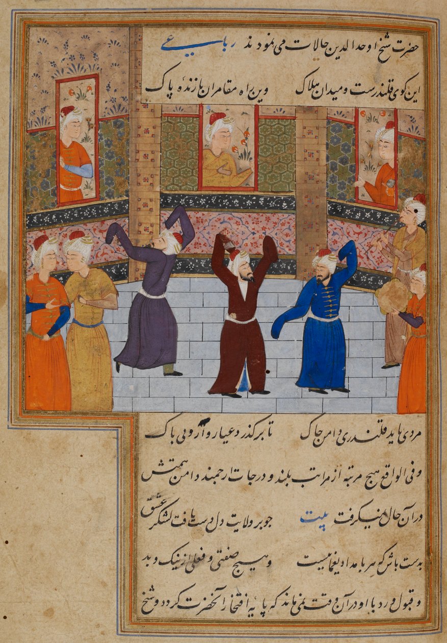 Nebo. 11837, f.152 Muhammad Tabadkani († 1486) tančící s derviši, ilustrace z 