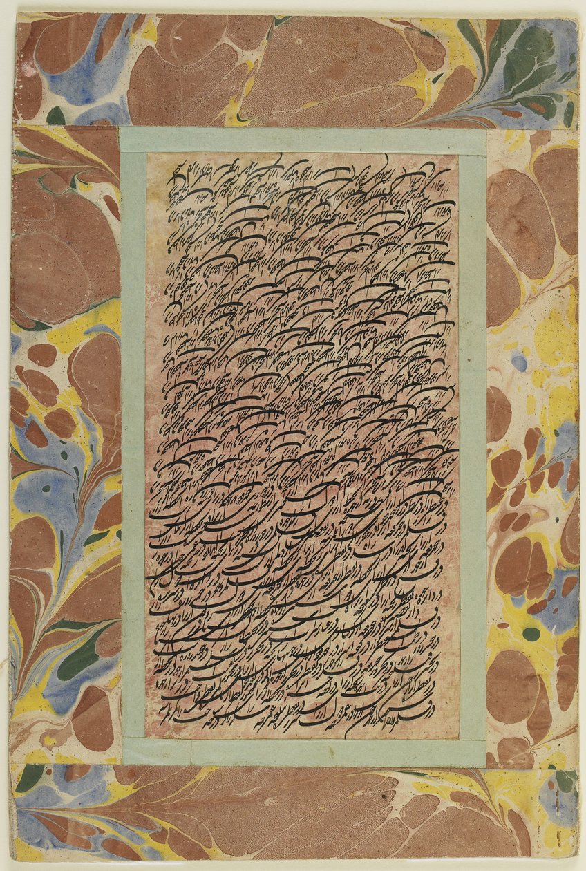 Stránka kaligrafie, oddělené albové folio, 19. století (inkoust na papíře připevněný na kartonu) od Persian School