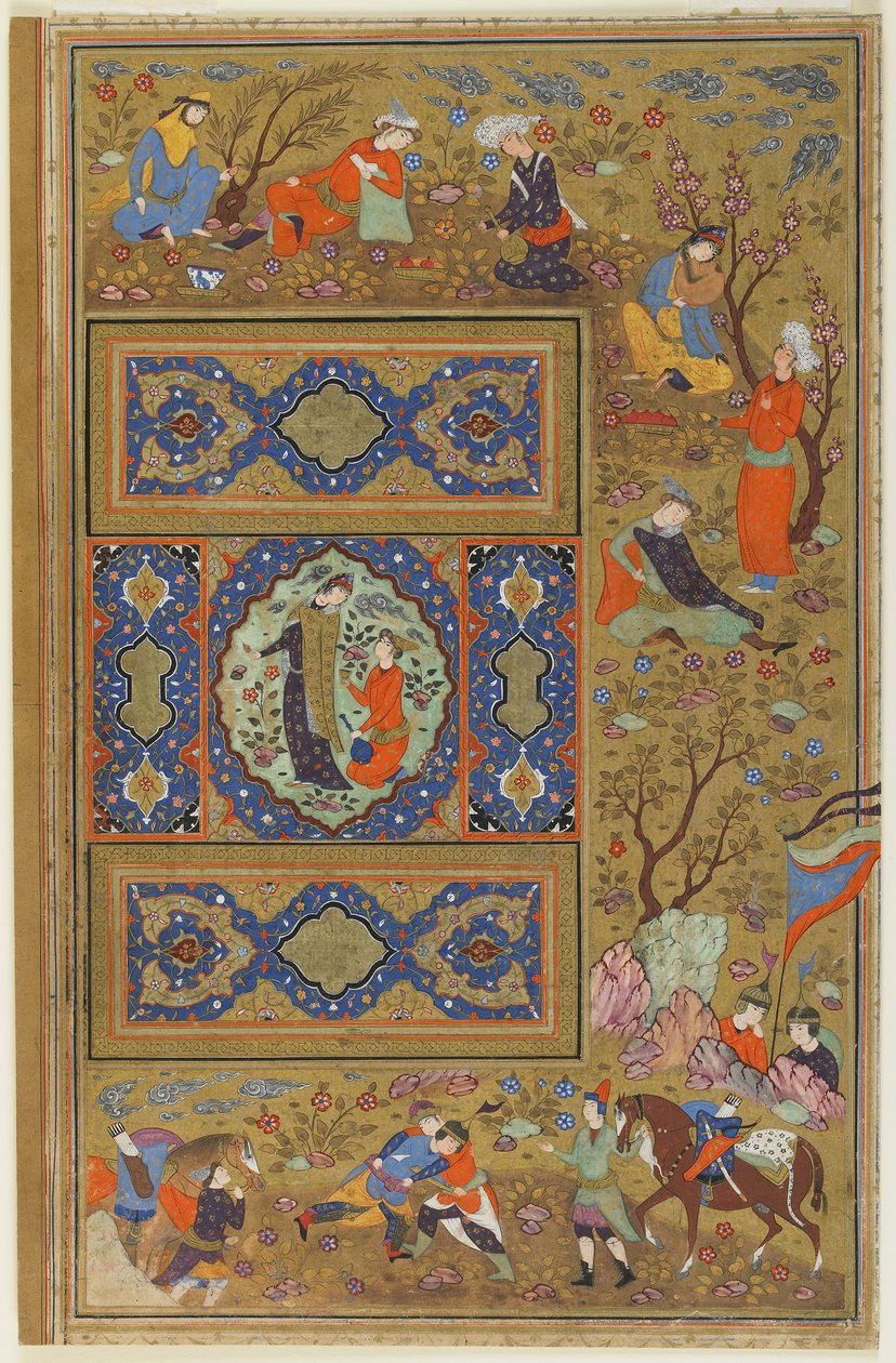 Pár milenců, cca 1590-1610 (inkoust, neprůhledný akvarel a zlato na papíře) od Persian School