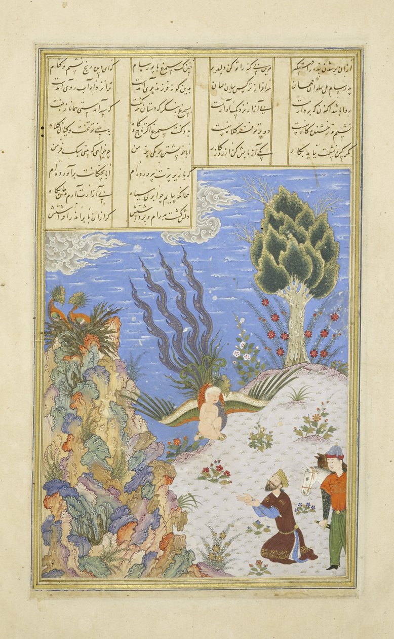 Peršan 239 fol.16b Simurgh obnovuje Z?l na S?m, ilustrace z Shahnamy (Kniha králů), od Abul-Qasima Mansur Firdawsiho (c.934-c.1020), 1444 od Persian School