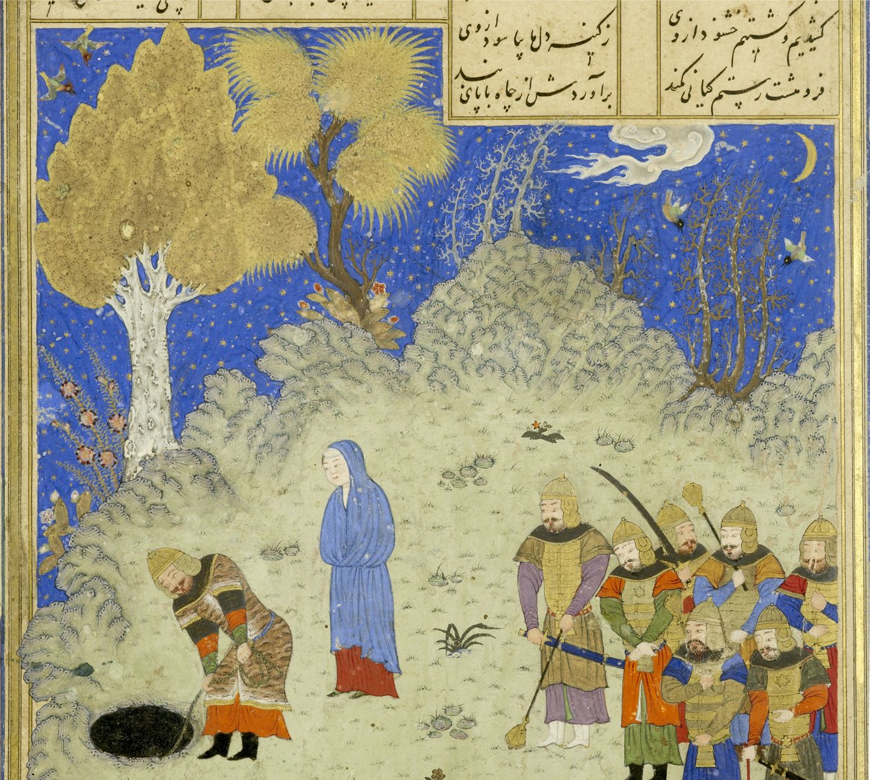 Peršan 239 fol.180a Detail: Rustam zachraňuje B?zhan z jámy, ilustrace z Shahnamy (Kniha králů), Abul-Qasim Mansur Firdawsi (c.934-c.1020), 1444 od Persian School