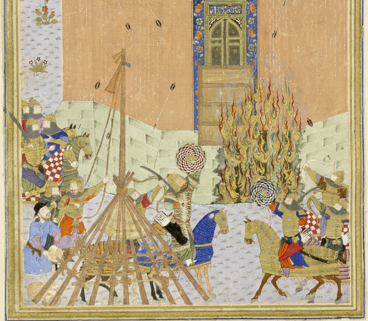Perština 239 fol.223a Detail: Pevnost Gang Dizh zaútočila minami, ilustrace z Shahnamy (Kniha králů), od Abul-Qasima Mansur Firdawsiho (c.934-c.1020), 1444 od Persian School