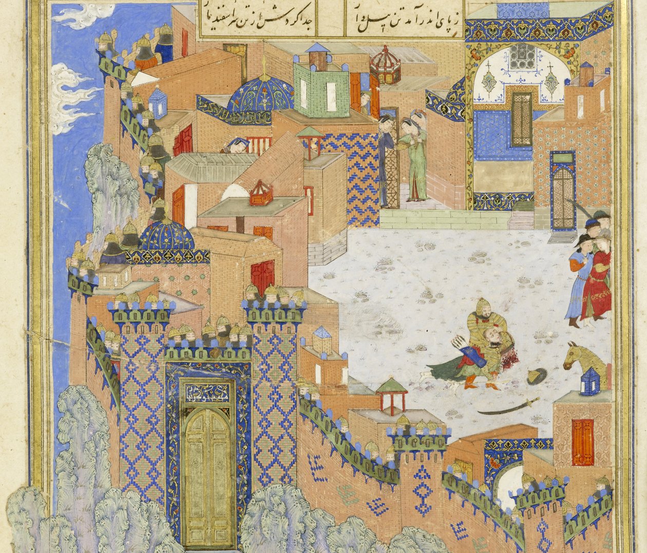 Persian 239 fol.278a Detail: Isfandiy?r zabíjí Arj?sp v Brazen Hold, ilustrace z Shahnama (Kniha králů), Abul-Qasim Mansur Firdawsi (c.934-c.1020), 1444 od Persian School