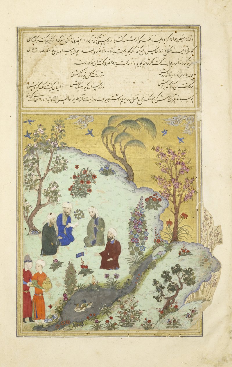 Peršan 239 fol.7a Firdausi se setkává s dvorními básníky Ghazni, ilustrace z Shahnama (Kniha králů), od Abul-Qasima Mansur Firdawsiho (c.934-c.1020), 1444 od Persian School