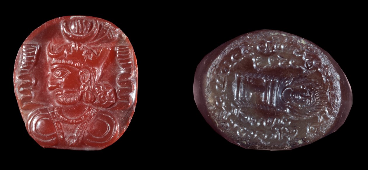 Perské umění: camee of Kavadh I (nebo Qobad, Kobad, Kabad) (488-496 AD), král druhé perské říše a achátové razítko z období Sassanid. 5. nebo 6. století našeho letopočtu. Paříž, B.N. od Persian School