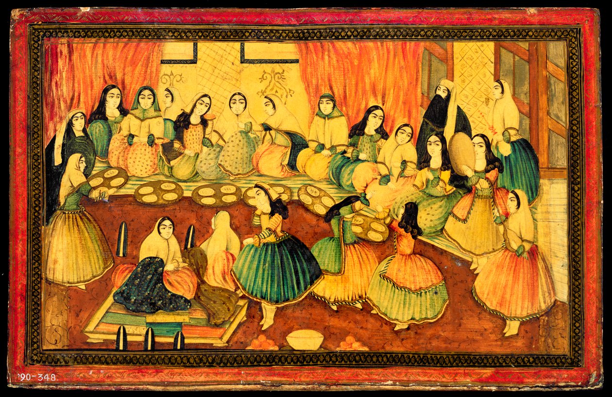 Společenský večírek pro perské dámy, polovina obálky knihy, Írán, 19. století (barevná papírová hmota se zlatem a inkoustem) od Persian School