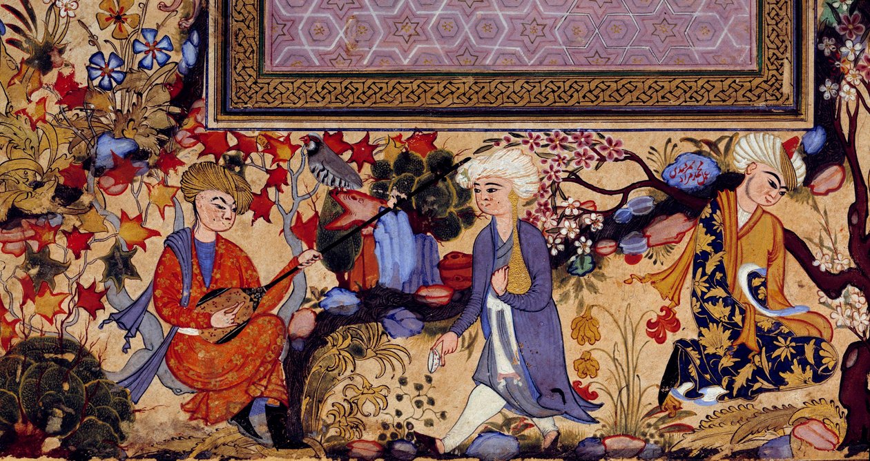 Perská miniatura představující zábavní scénu s hudebníky. Detail kvaše ze 16. století. Paříž, muzeum Louvre od Persian School