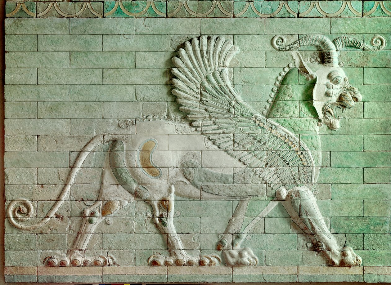 Perské období rouenide (Írán): nízký reliéf ve smaltované cihle představující grifonka. Od paláce Dareia I. (550-486 př. n. l.), krále perského krále do Sús. 510 před naším letopočtem. Paříž, muzeum Louvre od Persian School