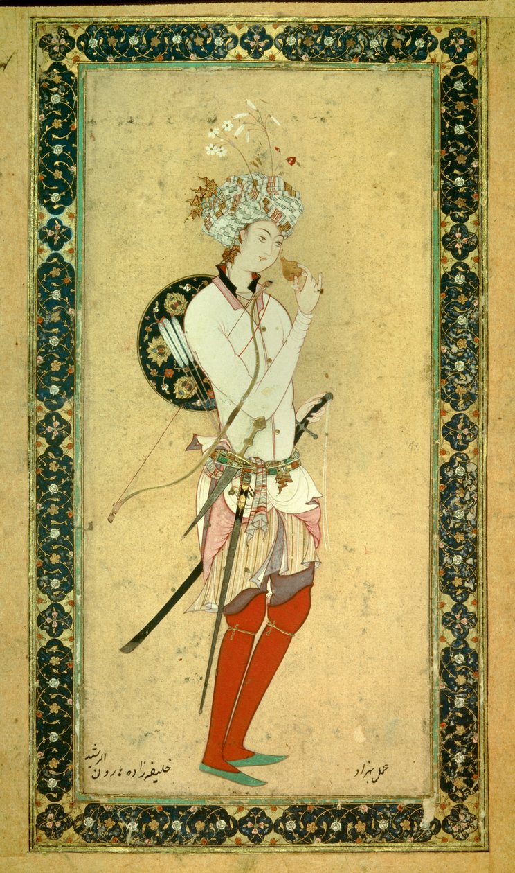 Portrét Harouna al-Rashida (Harun al Rashida nebo al-Rashida (al Rashida) nebo ar Rashida (ar-Rashida) nebo el Rashida (el-Rashida) nebo el Raschida (el-Rashida) nebo al Raschida (al-Rashida) , abasidský chalífa (766? 809).perská miniatura od Persian School
