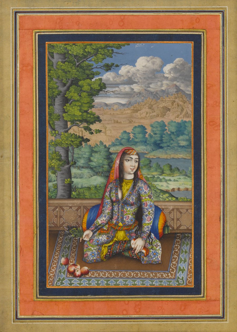 Portrét perské dámy, Folio z Davisova alba, cca 1736-37 (inkoust, neprůhledný akvarel a zlato na papíře) od Persian School