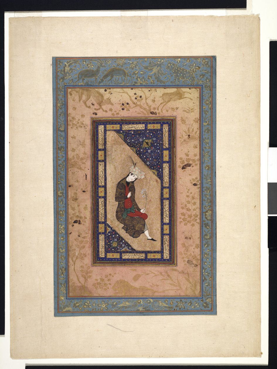 Portrét safavidského prince, c.1590-1630 nebo později (neprůhledný akvarel a zlato na papíře) od Persian School