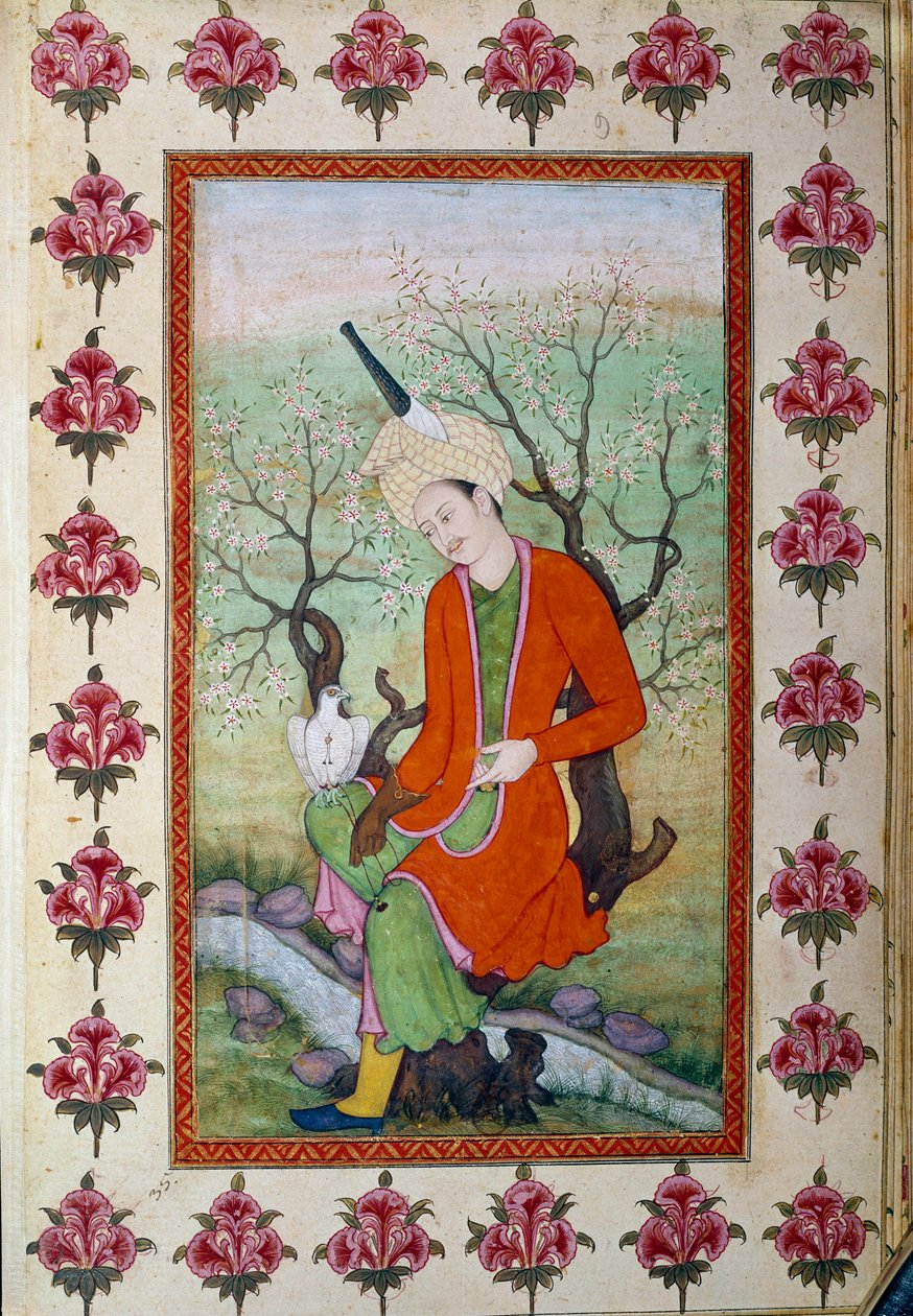 Princ odpočívá při lovu s jestřábem. Perská miniatura od Persian School