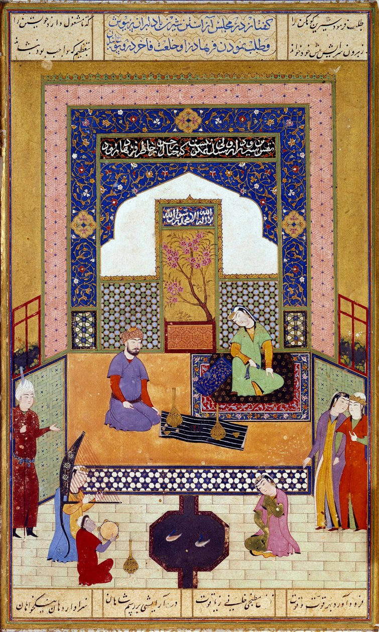 Princezna Shirin (Chirin) přijímá Farhada na svém perském miniaturním zámku ilustrujícím epizodu Nizamiho „Khamsa“ (Pět básní) (1141-1209) Pařížské musee du Louvre ze 16. století od Persian School