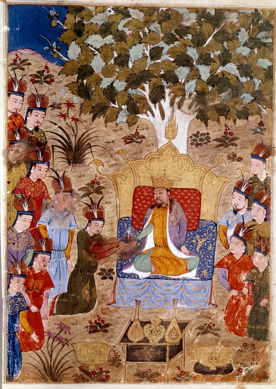 Zastoupení Chaghtai Khan (1227-1242) na jeho trůnu, je synem Čingischána na koni. Perská miniatura převzatá z Jami al-Tawarikh“ (Jami al tawarikh) nebo „“Univerzální historie““ historikem Rashidem al-din (al din) (1247-1318) Kolem roku 1430. od Persian School