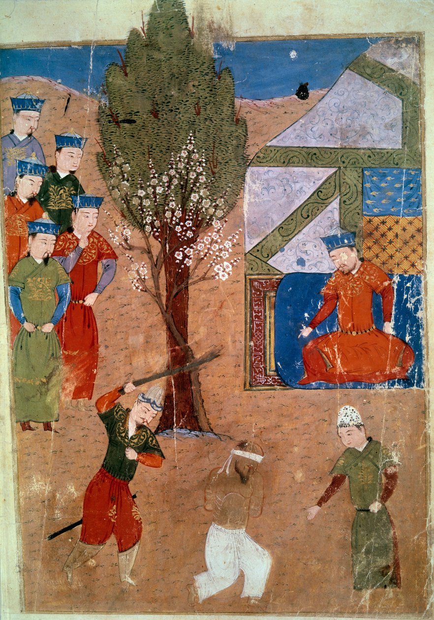 Zastoupení Chaghtai Khan (1227-1242) na jeho trůnu, je synem Čingischána perská miniatura převzatá z „Jami al-tawarikh“ (Jami al-tawarikh) nebo „Univerzální historie“ historika Rashida al-dina (al din ) (1247-1318) Kolem roku 1430. Paris, B.N. od Persian School