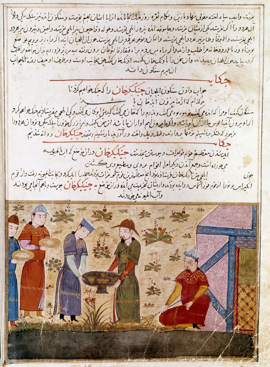 Zastoupení Čingischána (1162-1227) uzavírající spojenectví. Perská miniatura převzatá z „“ Jami al-tawarikh“ (Jami al tawarikh) nebo „“ Univerzální historie““ od historika Rashida al-dina (al din) (1247-1318) Kolem 1430. Paris, B.N. od Persian School