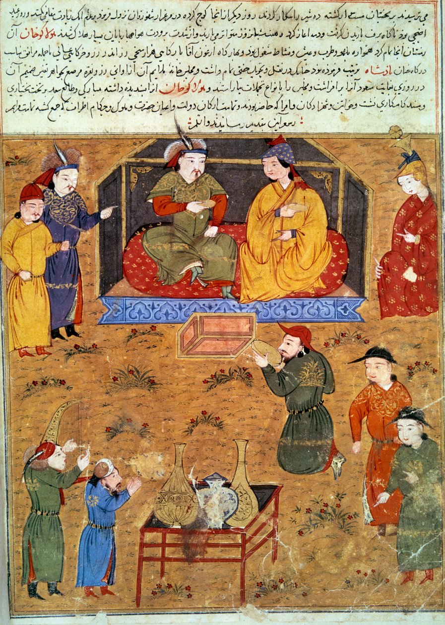 Reprezentace Houlagou Khan (1217-1265), je vnukem perské miniatury Čingischána převzaté z „“Jami al-tawarikh““ (Jami al-tawarikh) nebo „“Univerzální historie““ od historika Rashida al-dina (al. din) (1247-1318) Kolem roku 1430. Paris, B.N. od Persian School