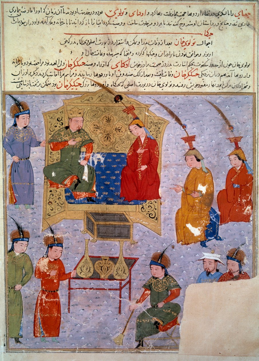 Reprezentace Houlagou Khan (1217-1265), je vnukem perské miniatury Čingischána převzaté z „“Jami al-tawarikh““ (Jami al-tawarikh) nebo „“Univerzální historie““ od historika Rashida al-dina (al. din) (1247-1318) Kolem roku 1430. Paris, B.N. od Persian School