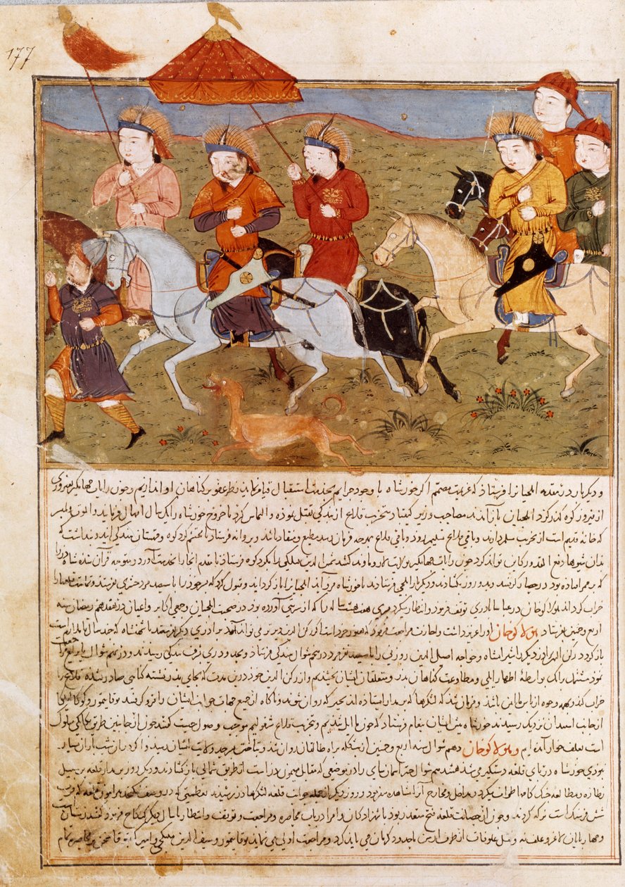 Zastoupení Houlagou Khana, vnuka Čingischána na koni. Perská miniatura převzatá z Jami al-Tawarikh“ (Jami al tawarikh) nebo „“Univerzální historie““ od historika Rashida al-dina (al din) (1247-1318) Kolem 1430. Paříž, B.N. od Persian School